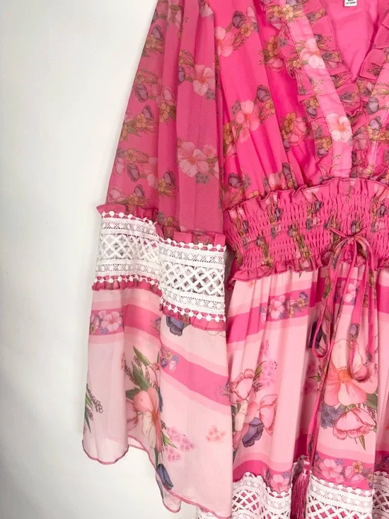 Whimsical Faeriesty Pink Floral Boho Style Maxi Dress with Lace Trim Size M - Picture 3 of 9